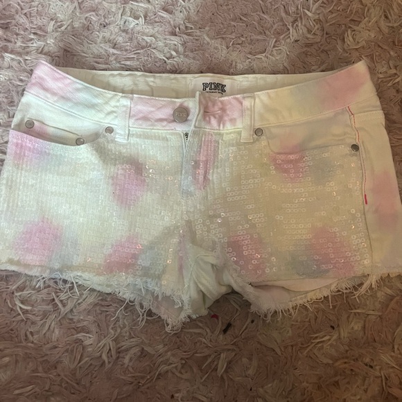 PINK Victoria's Secret Sequin Jean Shorts - Pink and White - Picture 1 of 1